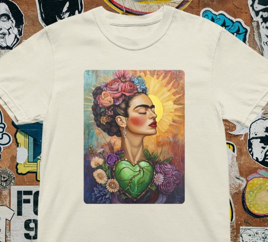Frrida Kahlo Inspired T-Shirt Colorful Boho Woman Portrait Tee Surreal Floral M