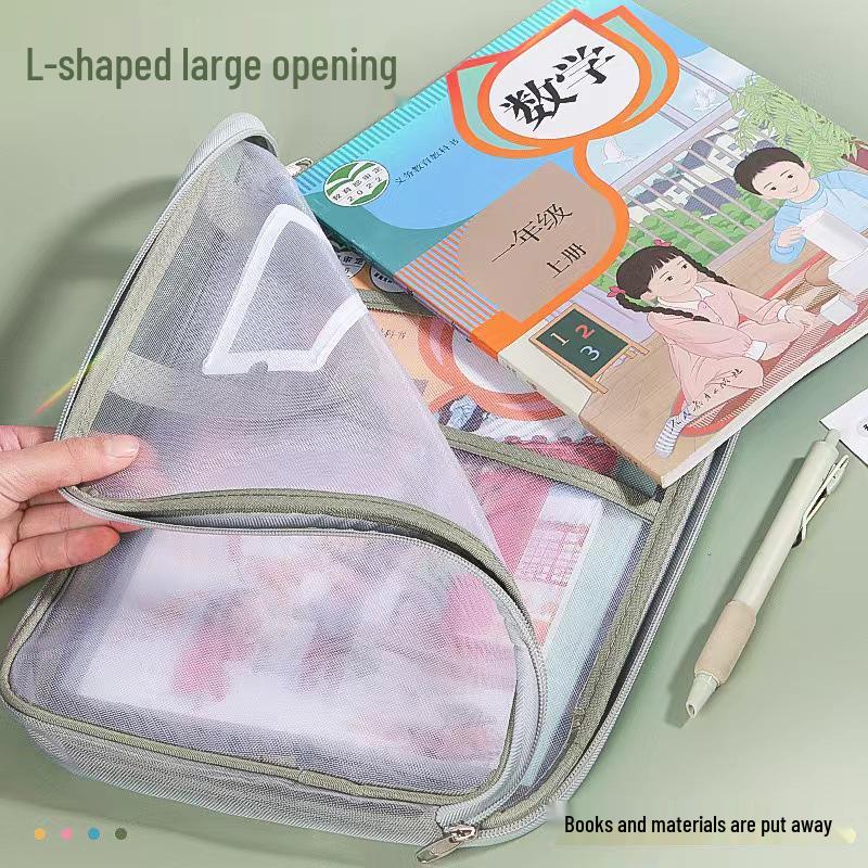 L-Shaped Transparent Mesh File Bag - Large Opening Tote for Exam Papers