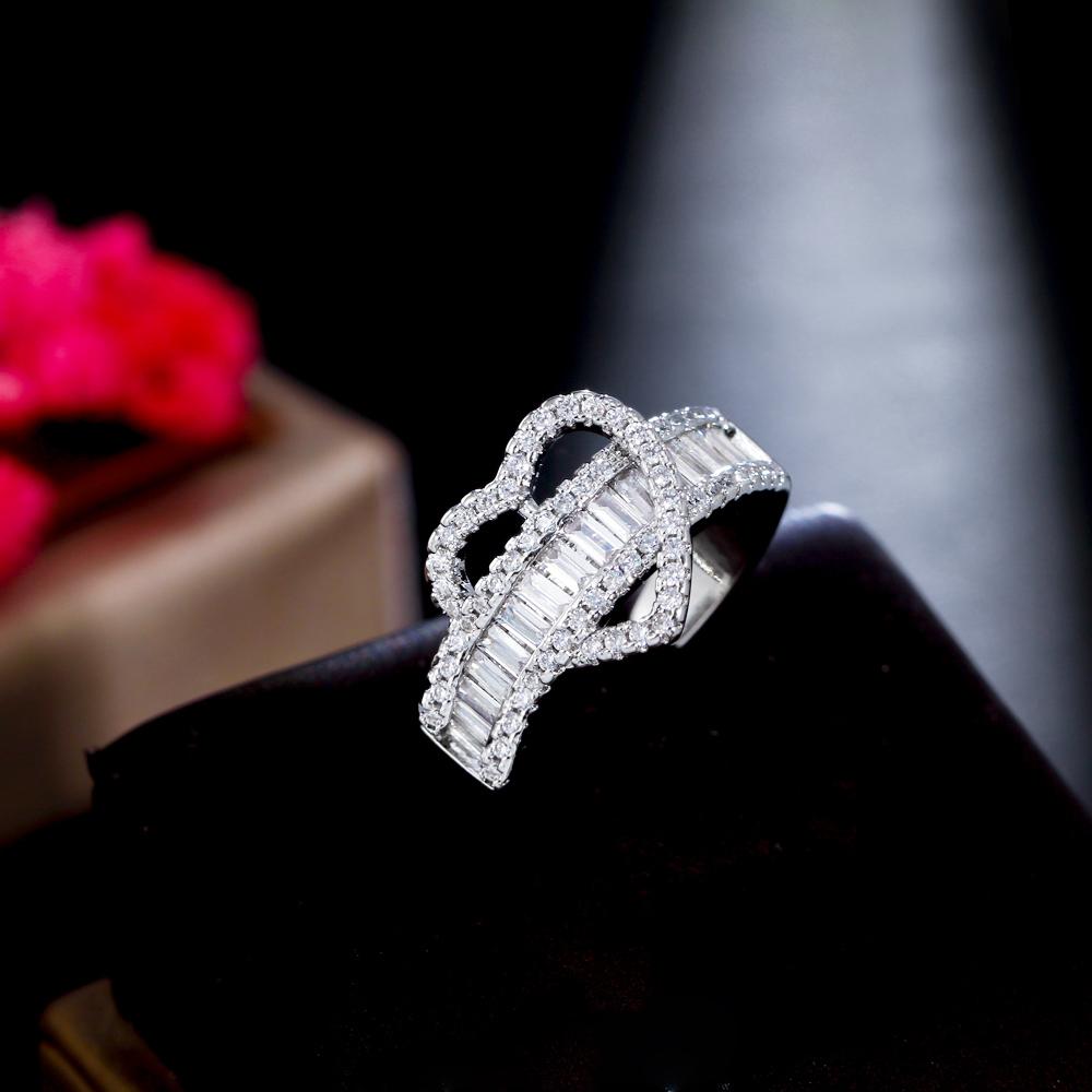 CMM Schmuck Exquisiter Liebesherzförmiger Silberfarbener Zirkonia Öffnender Verstellbarer Ring für Liebhaber Schmuck Geschenk