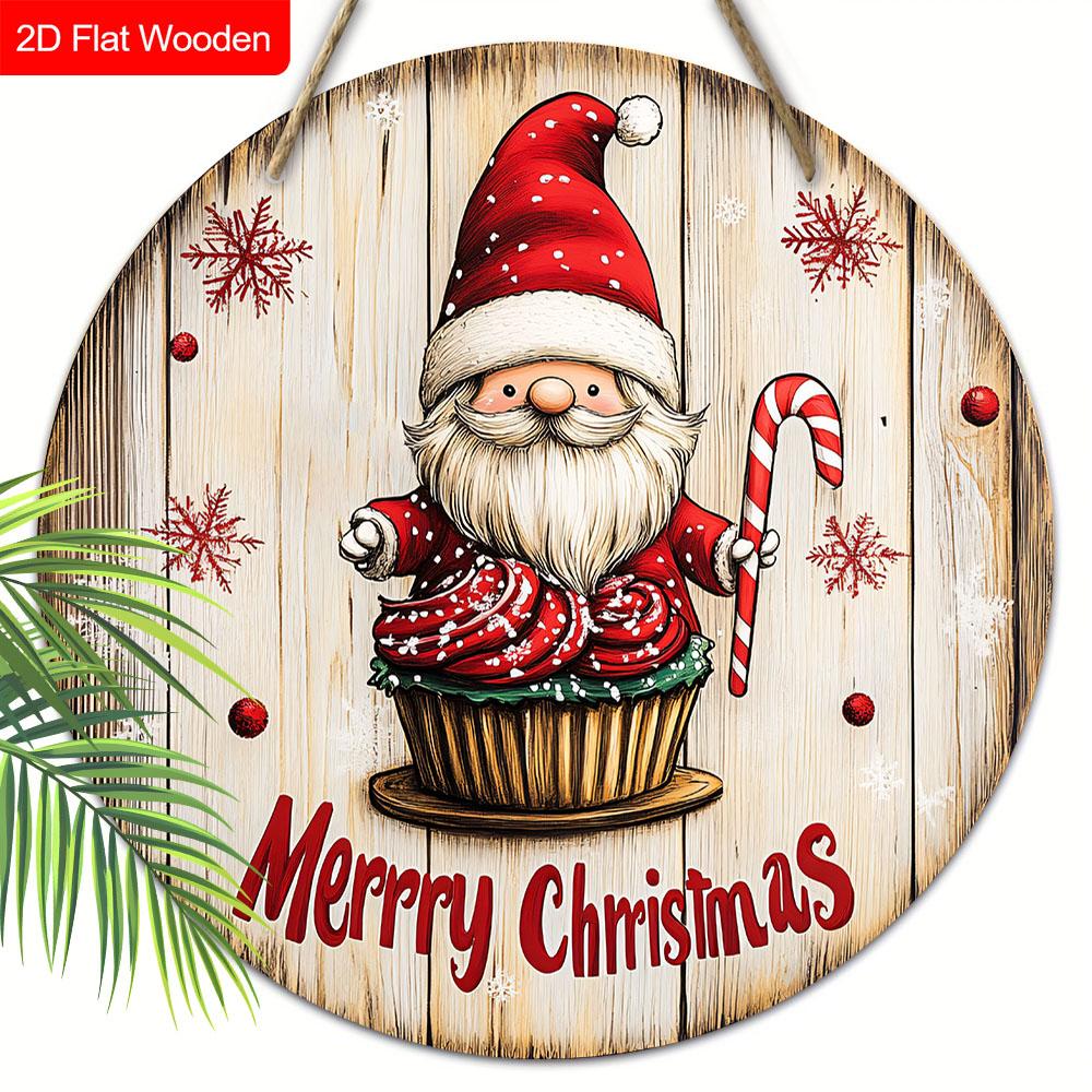 

С Рождеством Деревянная Табличка с Очаровательным Узором Гнома - Круглая Табличка Navidad для Входной Двери, Настенный Декор - Идеальное Рождественское Украшение 20cm/7.87in красный