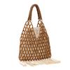 NEU Damen Gewebt Quasten Design Ausgeschnitten Holzperlen Tragetasche Eimer Schultertasche Damen Netzartiges Netzgewebe Strand Handtasche