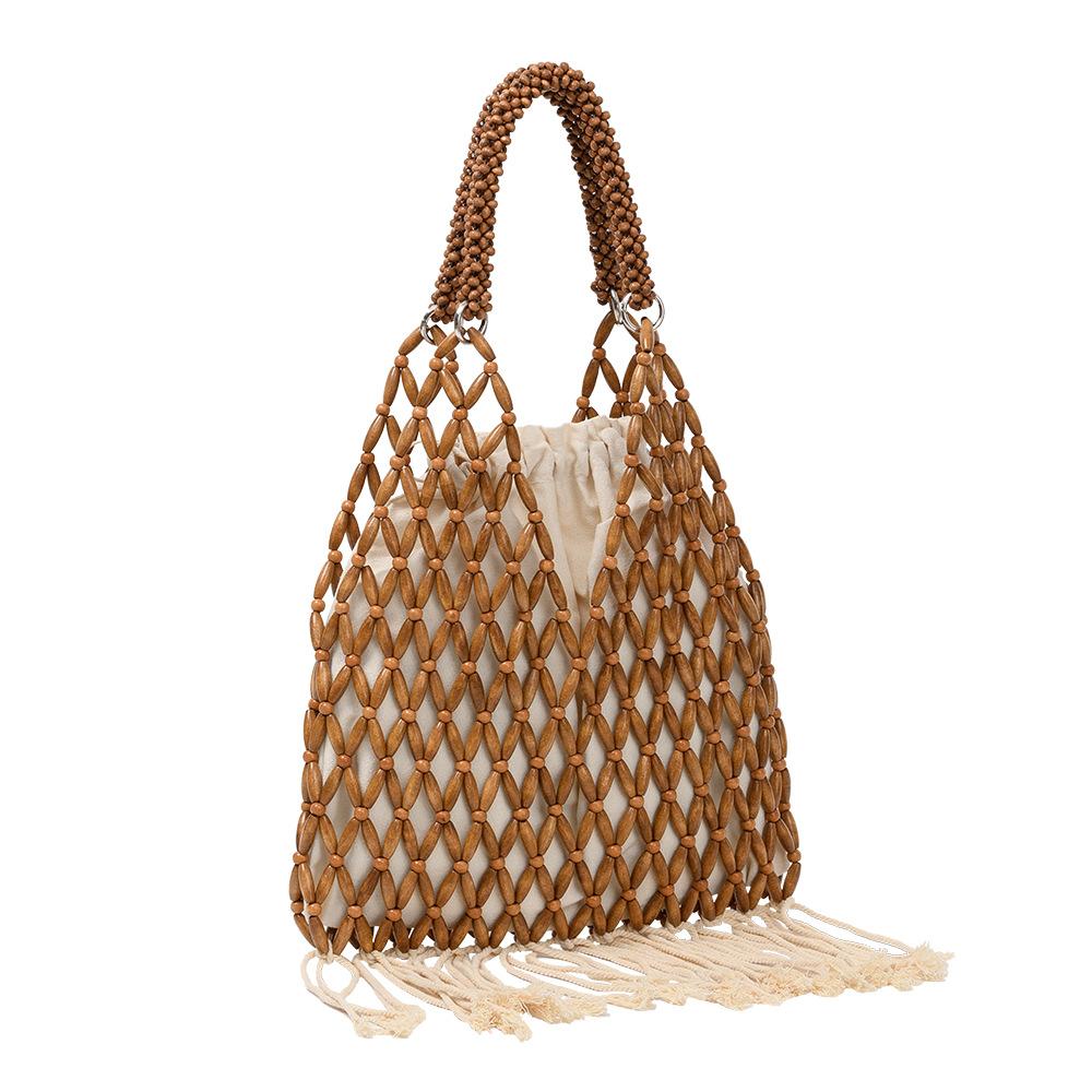 NEU Damen Gewebt Quasten Design Ausgeschnitten Holzperlen Tragetasche Eimer Schultertasche Damen Netzartiges Netzgewebe Strand Handtasche