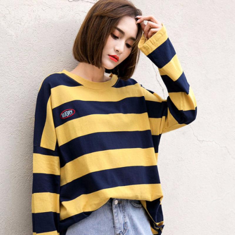 Women Spring Autumn Stripes Long Sleeve Loose T Shirt Blouse