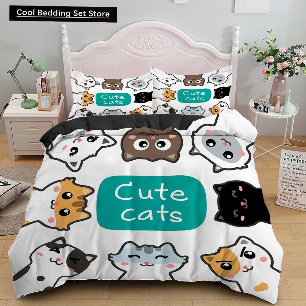3D Cat King Queen Duvet Cover Cute Cartoon Kitty Bedding Set for Kids Teens Adults Pet Animal White 2/3pcs Polyester Quilt Cover
