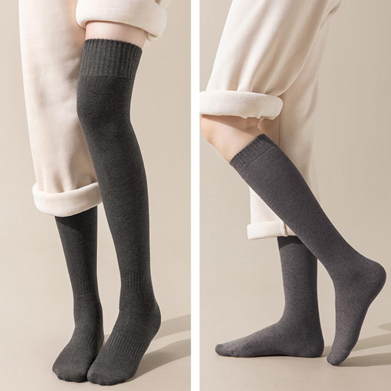 2 Pairs Sets Winter Thick Warmer Stockings For Women Knit Cotton Thermal Over Knee Socks Casual Solid Color Knee Long Sock
