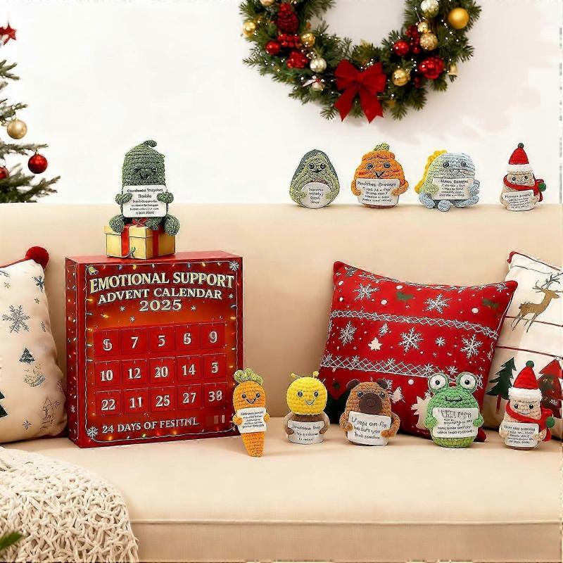 Adventní kalendář emoční podpory 2025 24 dní odpočítávání do Vánoc s 24 akrylovými ozdobami, postavičkami v háčkovaném stylu, sadou pro úlevu od stresu,