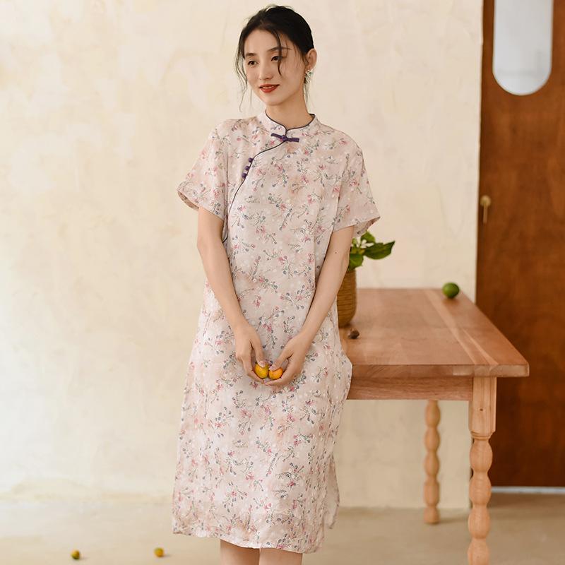 Johnature Women Vintage Print Floral Dress Stand Button Short Sleeve Summer Chinese Style Dress