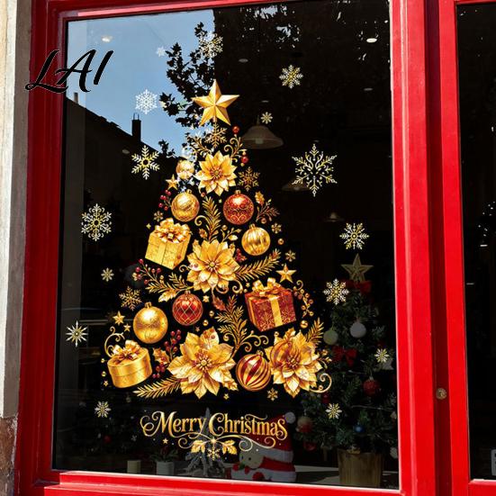 Christmas Window Clings 2 Sheets Gold Clings Static Stick Tree Snowflake Holiday Shop Displays Bauble Glass Decals No-Glue Removable Winter