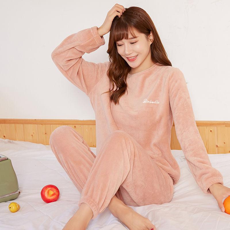 Herbst und Winter Gesichtstuch Aufwärmende Hosenanzug Damen Verdickt Hausanzug Korallenfleece Warm Locker Große Größe Pyjamas Hausanzug