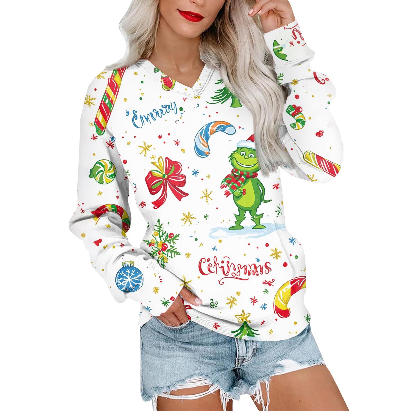 Women s Casual Fashion Christmas V-neck Long Sleeve Sweatshirt Lightweight Pullover With Pockets Sweatshirt S