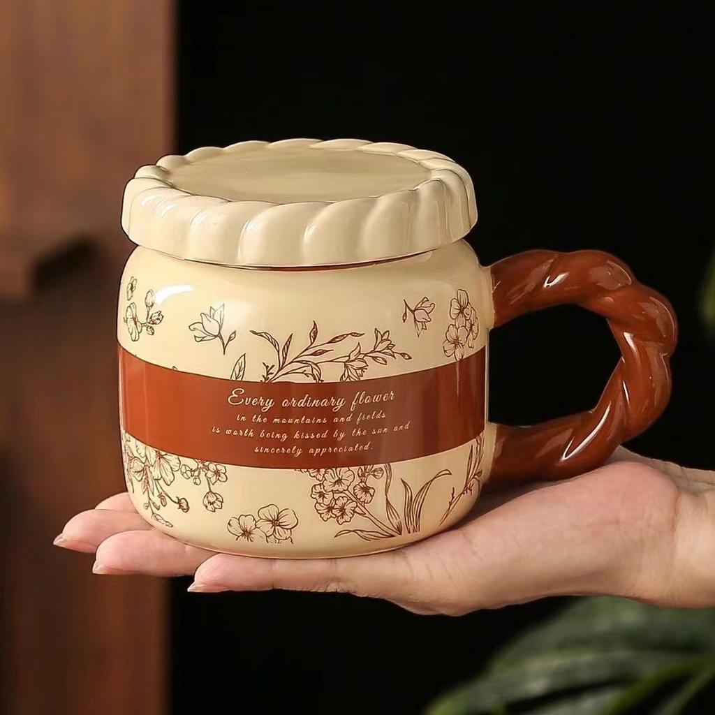 Retro Ceramic Cup with Lid Mug Souvenir Gift Cup National Trend Ins Flower Water Cup Girls Household Cup