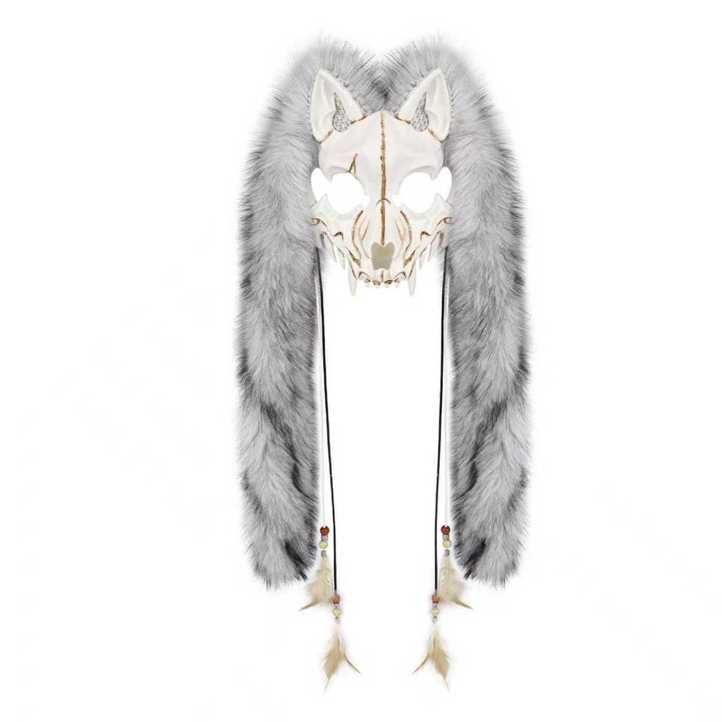 Wikinger-Fuchsmaske mit Kunstfell-Kopfschmuck für Halloween-Karnevals-Kostüm