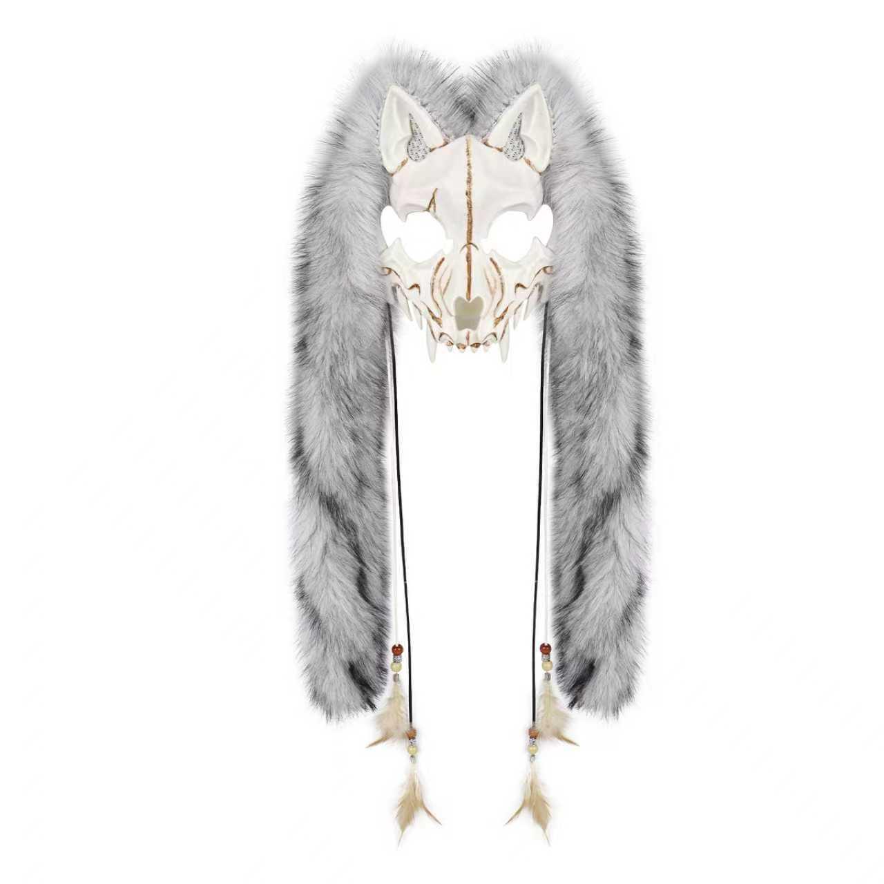 

Viking Fox Mask with Faux Fur Headdress for Halloween Carnival Costume темно-сірий