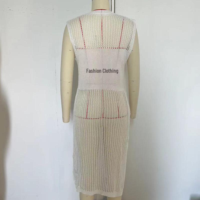 European & American Beach Vacation Sexy Solid Color Knit Split Sun Protection Maxi Dress