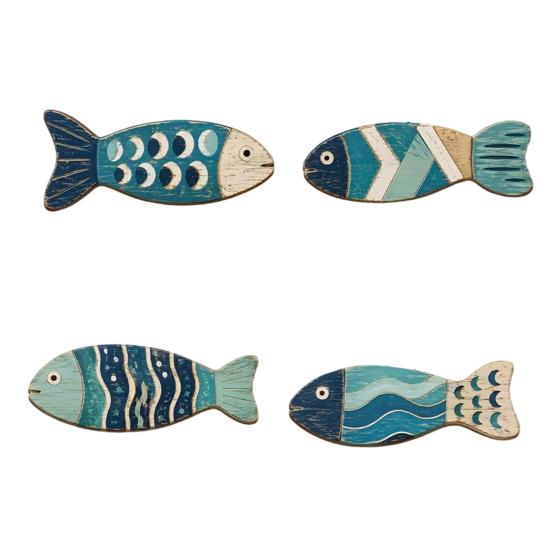 Seaside Housewarming Gift Ideas 4Pcs Wooden Fish Wall Decor, 2D Flat Mediterranean Style Hanging Ornaments for Coastal Nautical Sculpture Bedroom Home