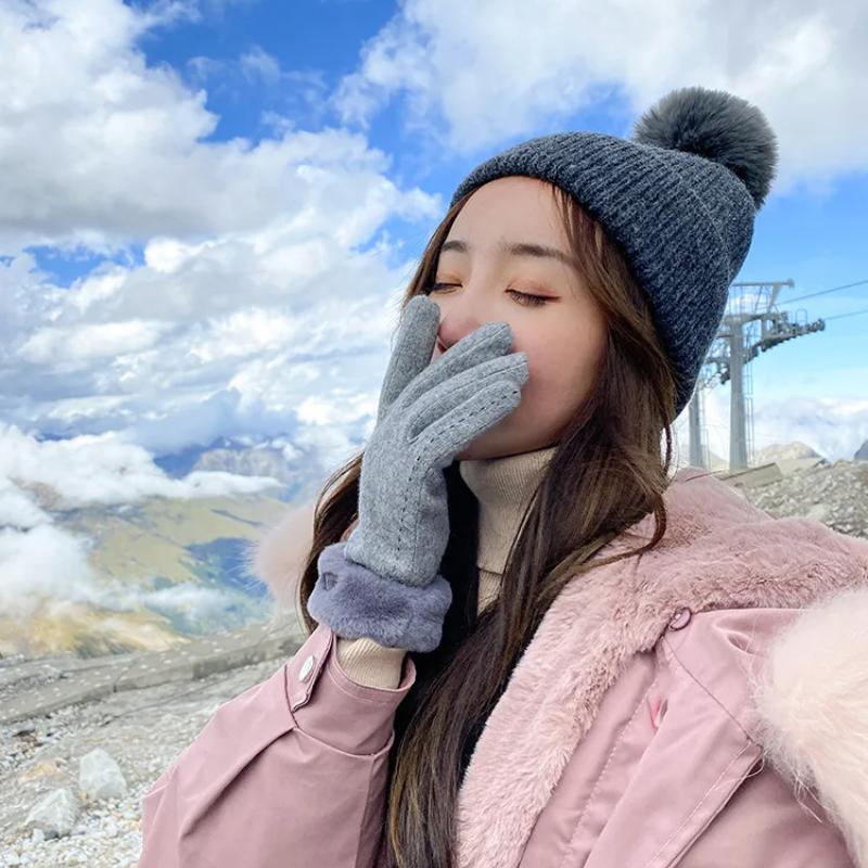 Winter Gloves Women Girl Cashmere Touch Screen Warm Gloves Elegant Outdoor Riding Wool Bow Full Cotton Finger Driving Mittens