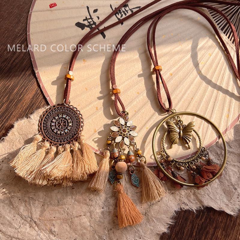 Bohemian Coffee-Colored Retro Tassel Necklace with Butterfly Pendant