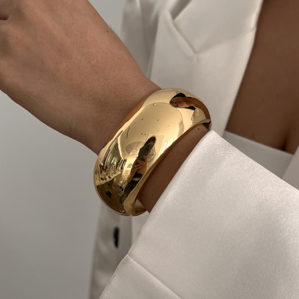 Ingemark Exaggerated Punk Smooth Heavy Metal Chunky Spring Bangles Women Hip Hop Gold Color Arm Bracelet Steampunk Men Jewelry