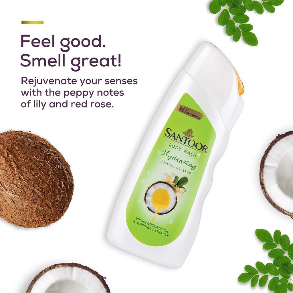 Santoor Hydrating Skin Body Wash, Enriched With Virgin Coconut Oil & Moringa Extracts, Soap-Free, Paraben-Free, pH Balanced Shower Gel, 230ml