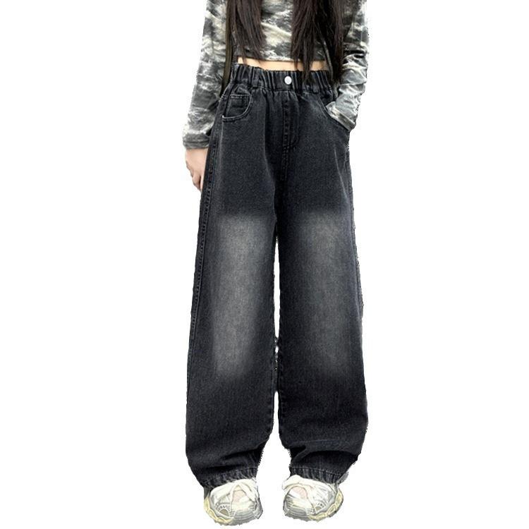 Dziecięce Dżinsy Czarne Proste Vintage dla Dziewczynki w Wieku Szkolnym Codzienne Dżinsowe Spodnie z Efektem Ombre Dziecięce Nowa Moda Dżinsy Spodnie 4-14 lat