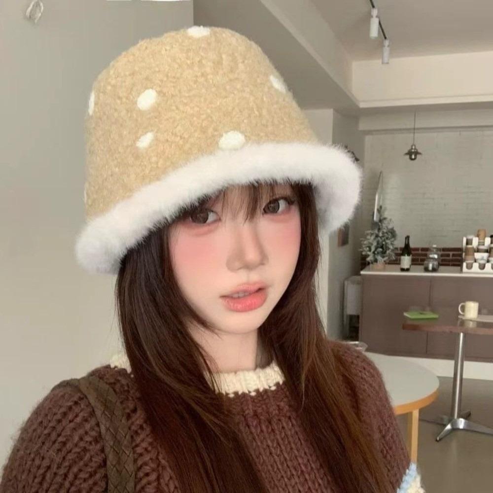 One Size Plush Winter Hat Thick Warm Polka Dot Bucket Hat Faux Lamb Wool Bucket Hat Outdoor Wear