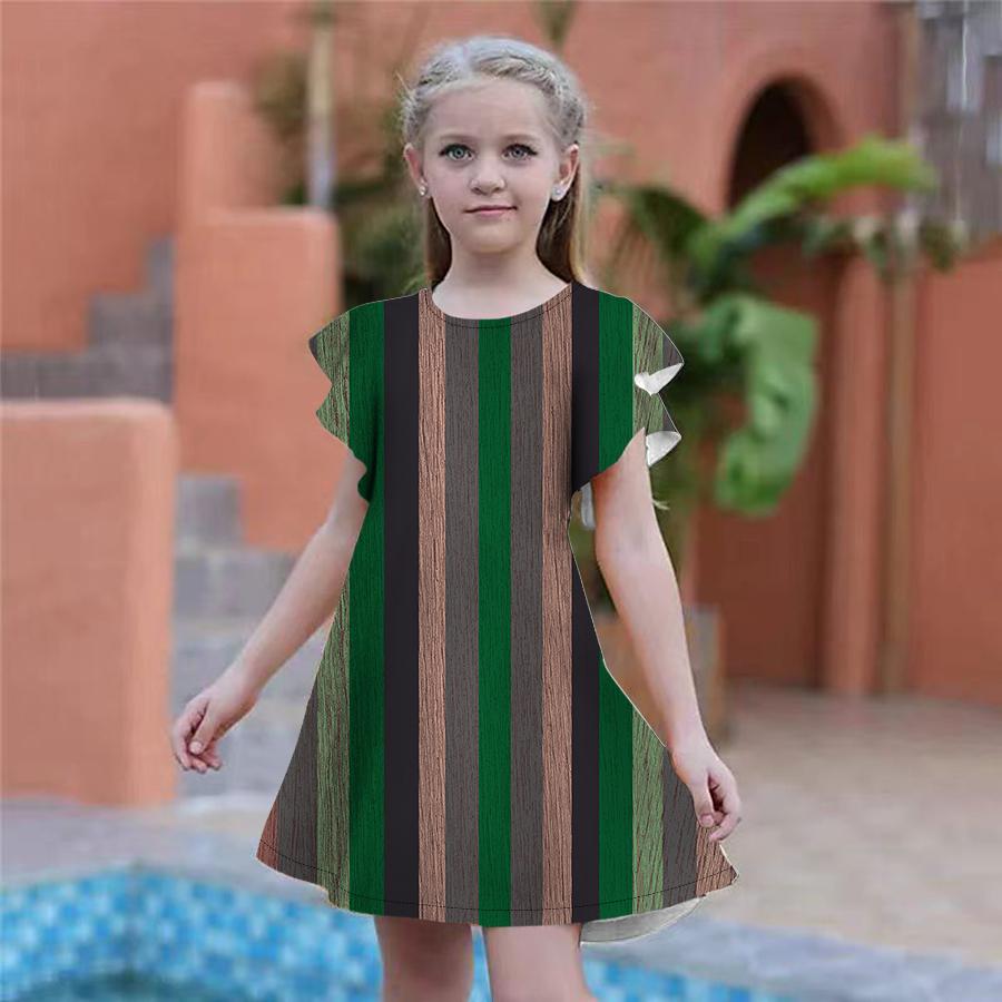 Girls Red Vertical Stripe Print Dresses Kids Girl Party Dress Loose Fitting Loose Fitting Short Sleeved Skirt For Girls Over Four Years Old