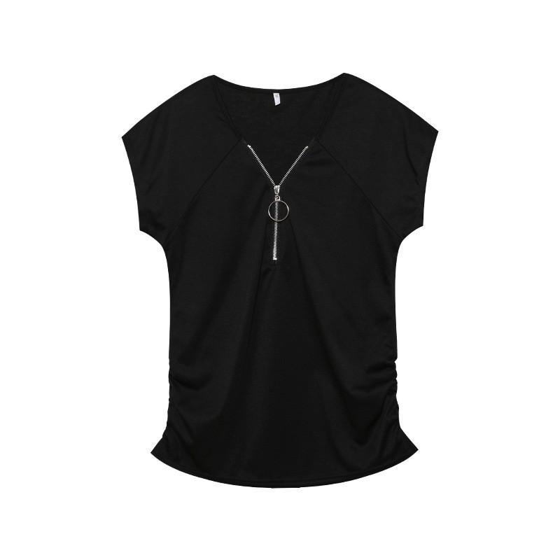 Womens 2026 Casual Short Sleeve T-Shirt With Front Zipper Ruched Detail Round Neck High-Waist Fit