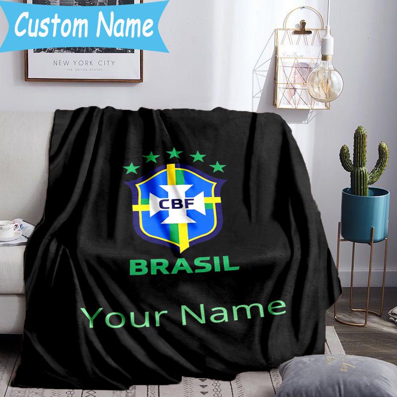 Custom Name Brazilian Football Emblem Flannel Blanket, Use for Birthday/Holiday Gift, Soft Blanket for Sofa/Bed/Camping/Office, Home Decor