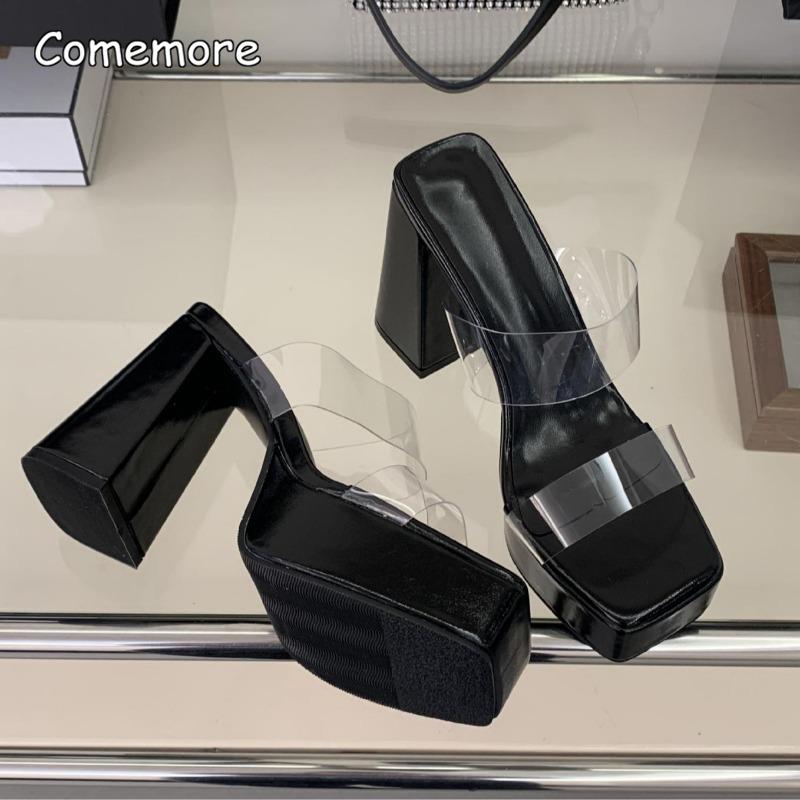 11cm Women's Platform Sandals Fashion Slip-on High Heel Sandals Clear PVC Strap Sexy Slides Ladies Party Dress Shoes Size 34-40