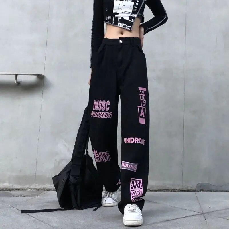 Streetwear Vintage frauen Schwarze Jeans Frühling Herbst Neue Hosen Hip Hop Mode Brief Drucken Lose Breite Bein Casual Hosen 2023