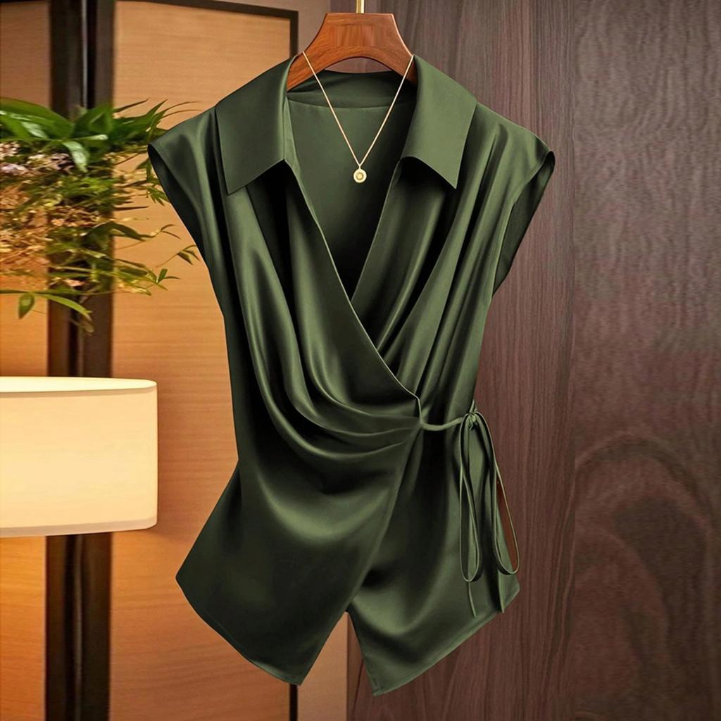 Women's Casual Satin V-Neck Tie-Front Bow Blouse