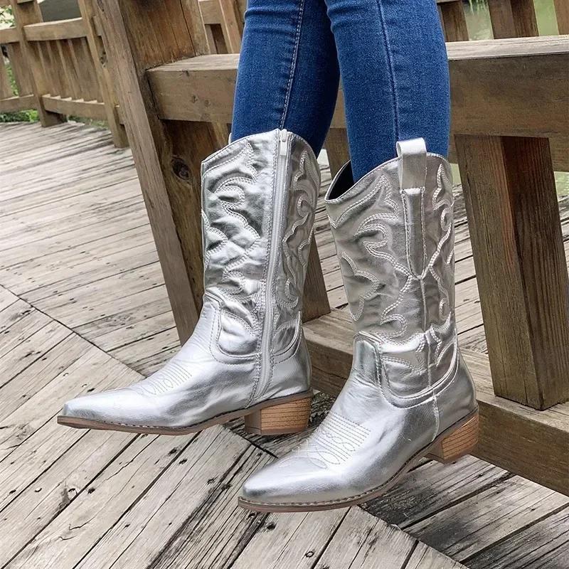 Womens Cowboy Boots Pointed Tip Square Heel Retro Women Shoes Side Zip Outdoor Leisure Clog Heels Botas De Invierno Para Mujer 36 3389₽