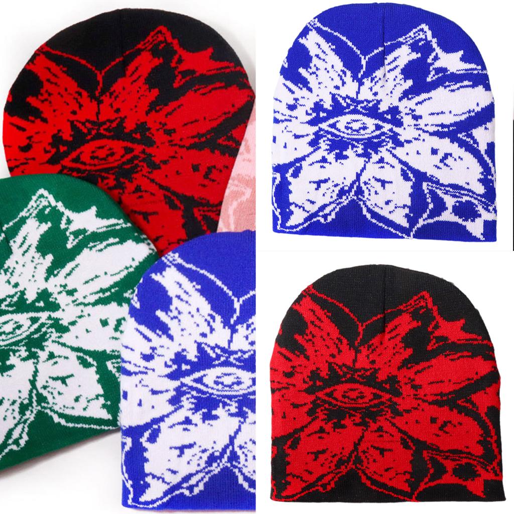 Unisex Jacquard Eye Flower Pattern Knitted Beanies Hat Fashionable Winter Warm Hiphop Bonnet Skull Hat for Men and Women