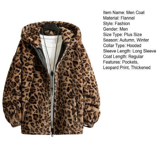 Leopard Print Long Sleeve Pockets Zipper Closure Men Coat Winter Thickened Double-sided Plush Hooded Outerwear