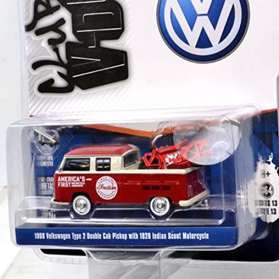 GREENLIGHT scale Volkswagen Type 2 Double Cab Pickup 1920 Indian Scout Series 13 164 "V-Dub" "1968 & Motorcycle"