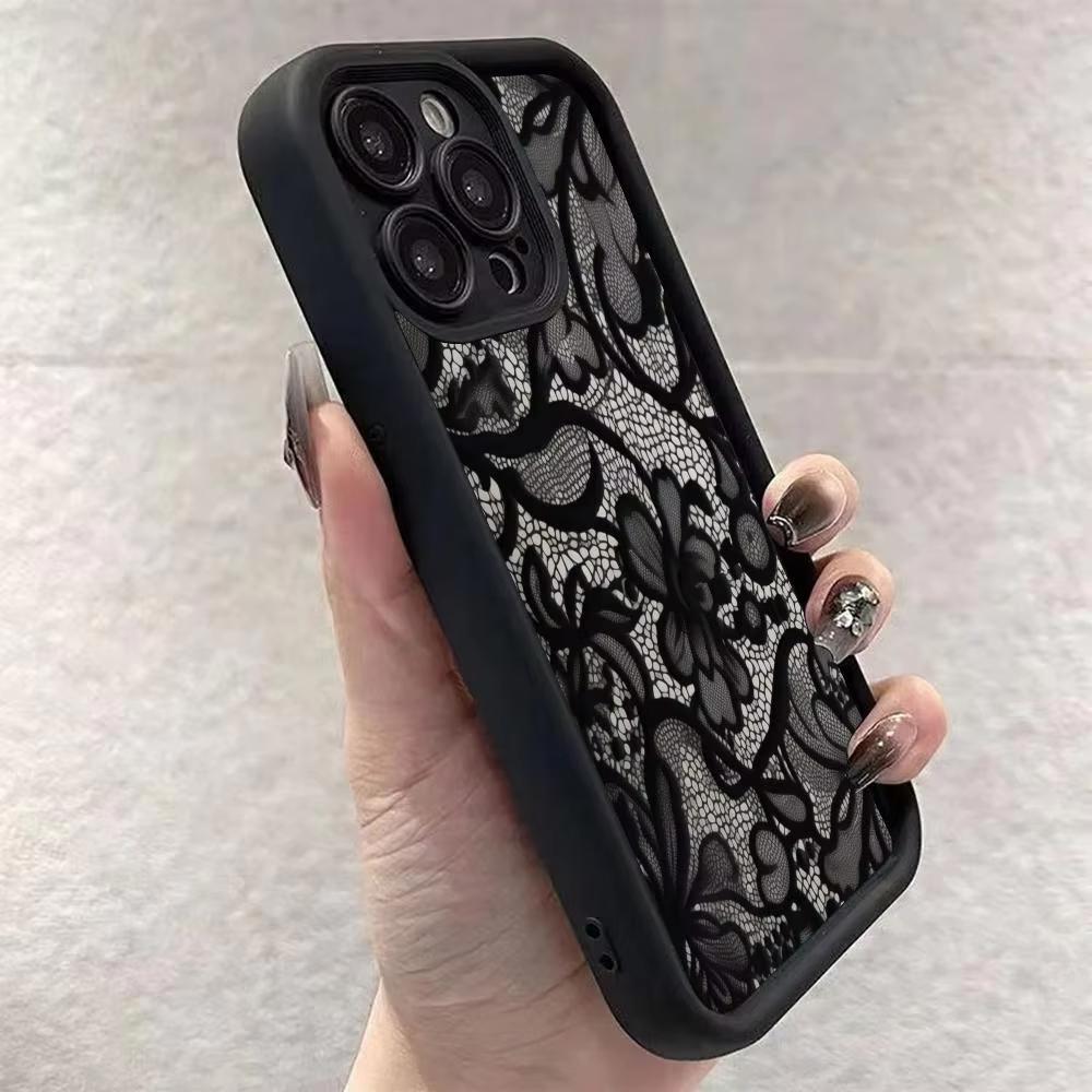 Black Lace Patterned Phone Case For iPhone 17 Pro Max 16E 15 Pro 14 13 12 11 Mini AIR XS XR XS 8Plus Anti Drop And Shockproof