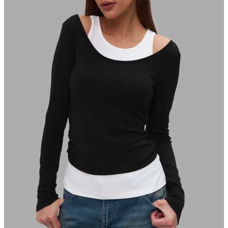 

Европейский и американский дизайн, рубашка с длинными рукавами контрастного цвета, имитация двух частей, женская, новая весенне-летняя, приталенная, для ношения под низ, короткая базовая рубашка Black L