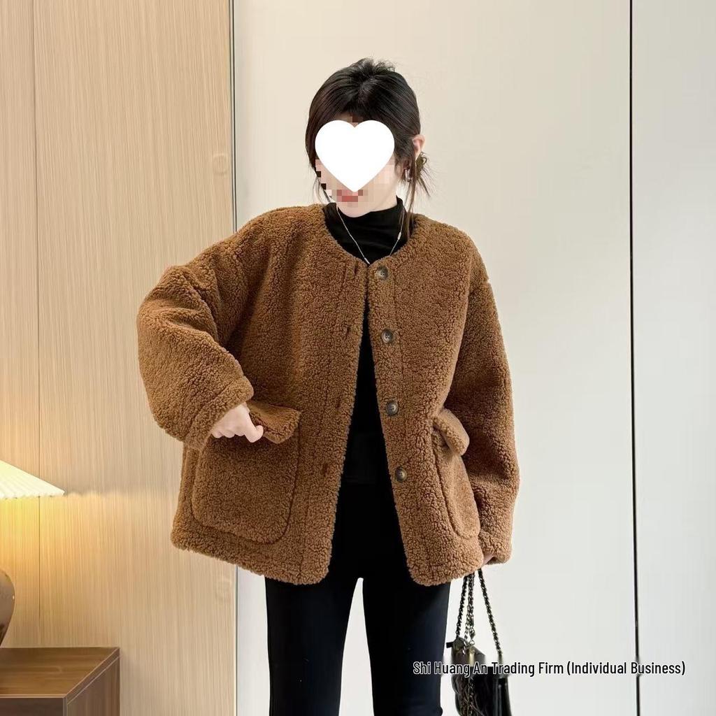Women's Shearling Coat 2025 Autumn/Winter: Versatile Korean Style, Age-Reducing Loose Fit, Round Neck Top