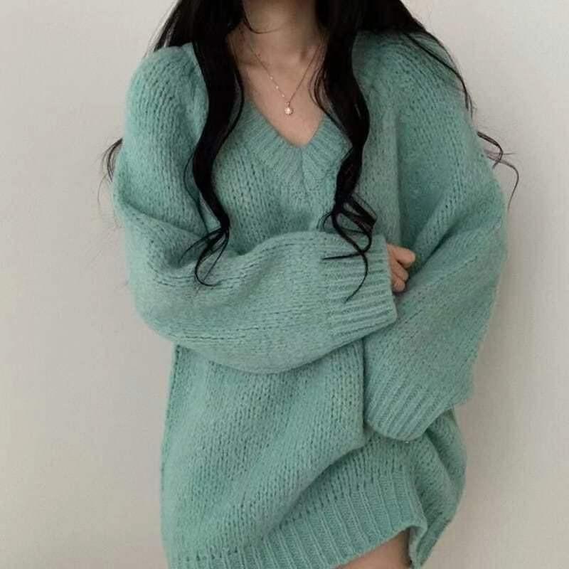 Autumn New Retro Long Sleeve V-neck Loose Pullovers Sweaters Women Winter Fashion Casual Knitted Sweater for Women Lazy Style Mid Length Jumpers 25395