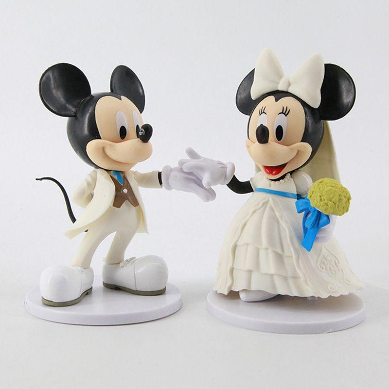 Mickey Minnie White Wedding Dress Figure Doll Cake Topper Fan Gift Set Of 2