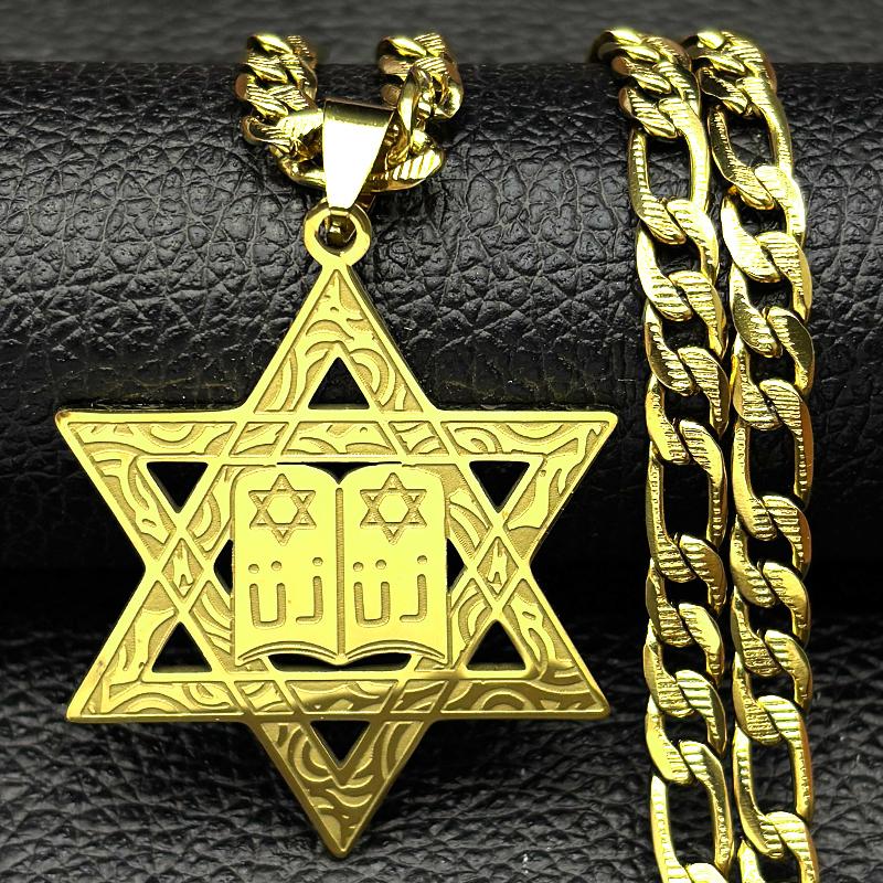 Je Scripture Star of David Hebrew Pendant Necklace for Men Stainless Steel Gold Color Israel Hexagram Amulet Punk Jewelry
