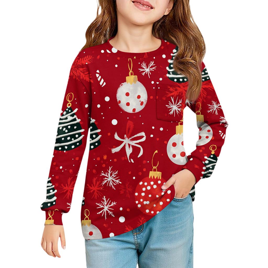 Weihnachtstag Mädchen Langarmbluse - Rundhals Weiche Taille Tunika