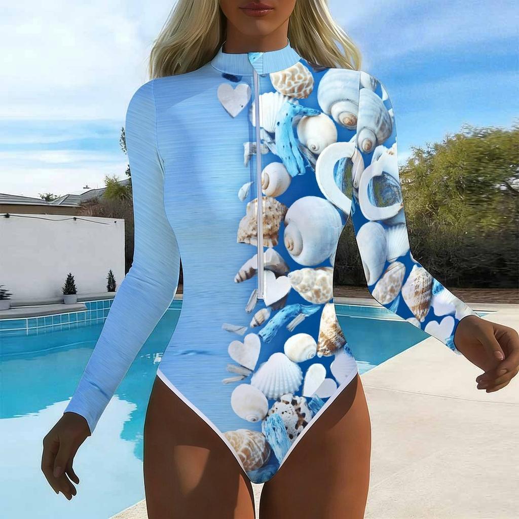 Women Long Sleeve One Piece Swimsuit Zip Front  Sea Turtle Print Rash Guard Surfing Bathing Suit