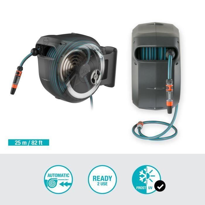 GARDENA Dévidoir automatique mural RollUp® M/L liseret blanc – Longueur 25m – Ø13mm – Kit complet – Garantie 5 ans (18622-20)