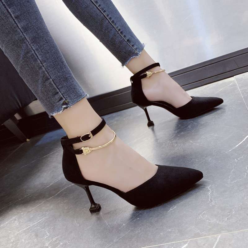 Black high heels women 2025 European station model fashion sexy temperament pointed one-word button stiletto sandals