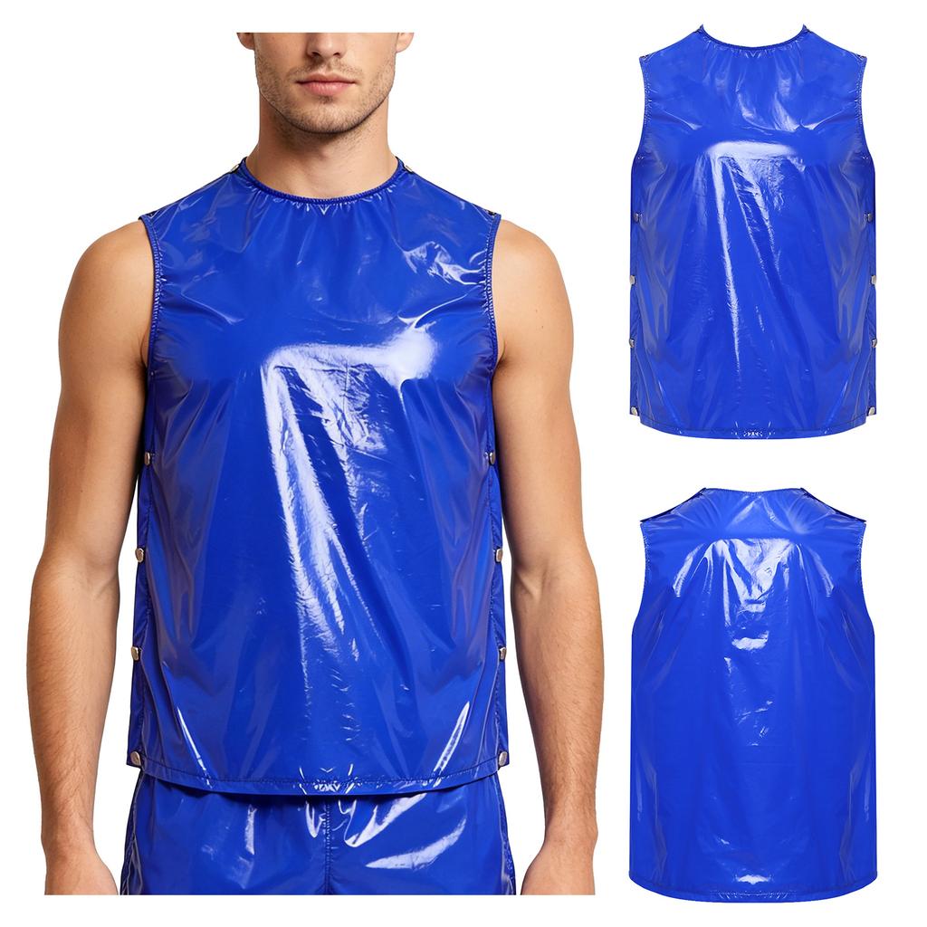 S-3XL Men Vinyl Waterproof Reusable Tank Top Round Neck Sleeveless Press Buttons At Shoulder and Sides for Gymnastics Workout Exercise