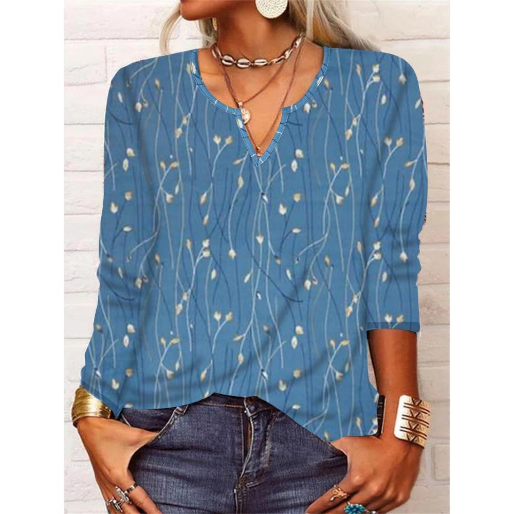 GMXIA Autumn Loose Long Sleeve Flower Bold V-neck T-shirt Base for Women