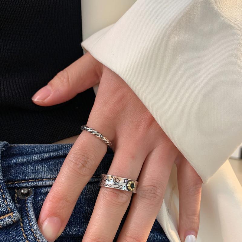 Stylish S925 Pure Silver Retro Alphabet Adjustable Ring For Trendy Fashion Lovers