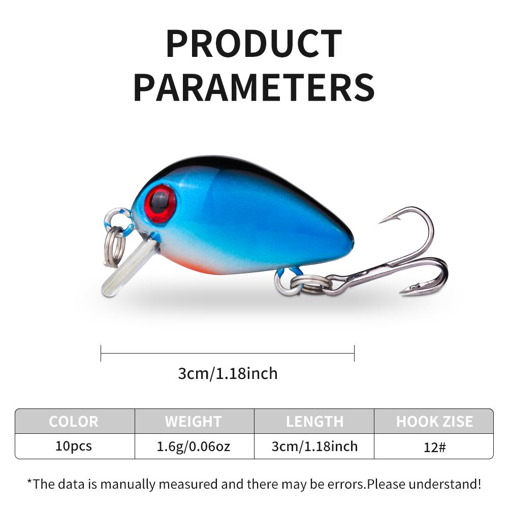 10pcs/box 30mm/1.6g Crank Fishing Lure Artificial Bait with Treble Hooks Plastic Box for Bass Fresh Water and Salt Water Fishing