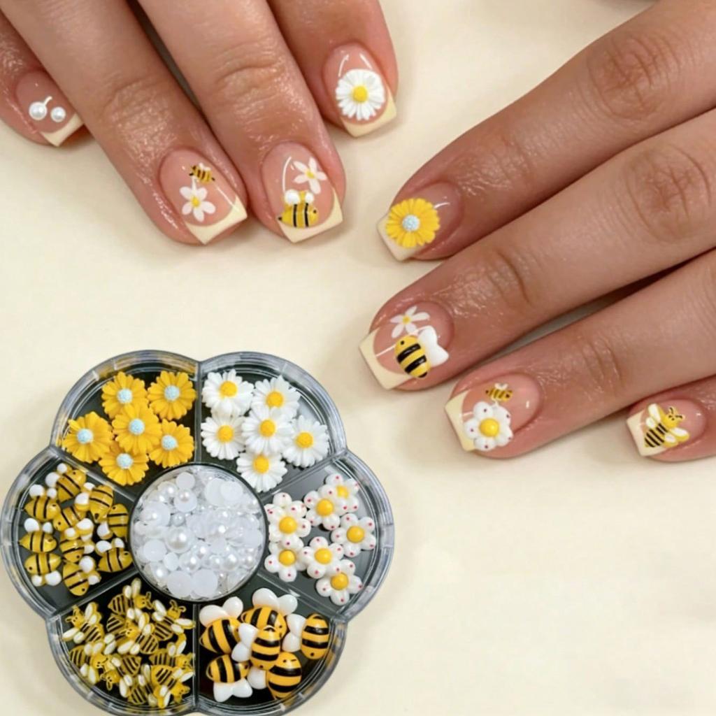 1box Cute Bee Daisy Sunflower Nail Charms 10mm Resin Yellow White Floral Nail Gems Flatback Sunflower Daisy Bee Nail Decora D@37